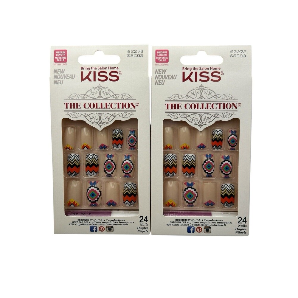 2 Kiss The Collection Medium Press On Nails Aztec Santa Fe Design Glue & File